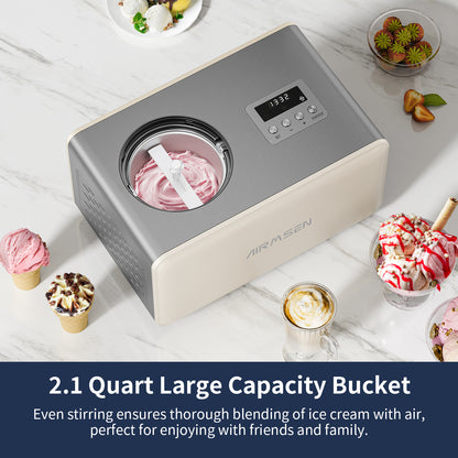 2.1 Qt Ice Cream Maker with Compressor, No Pre-freezing, LED Screen and Timer