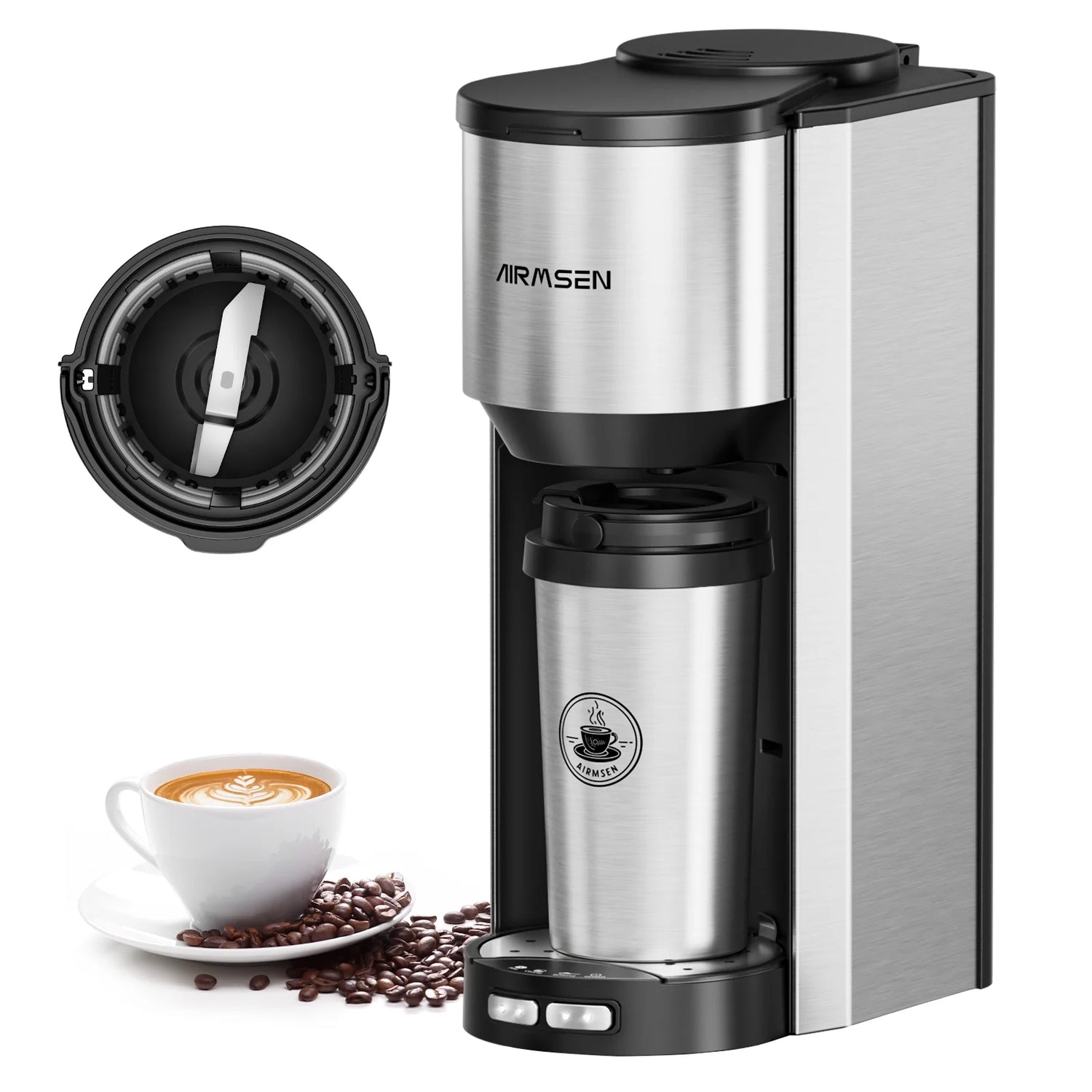 Single Serve Coffee Maker with Grinder - Beans & Ground Include Travel Mug