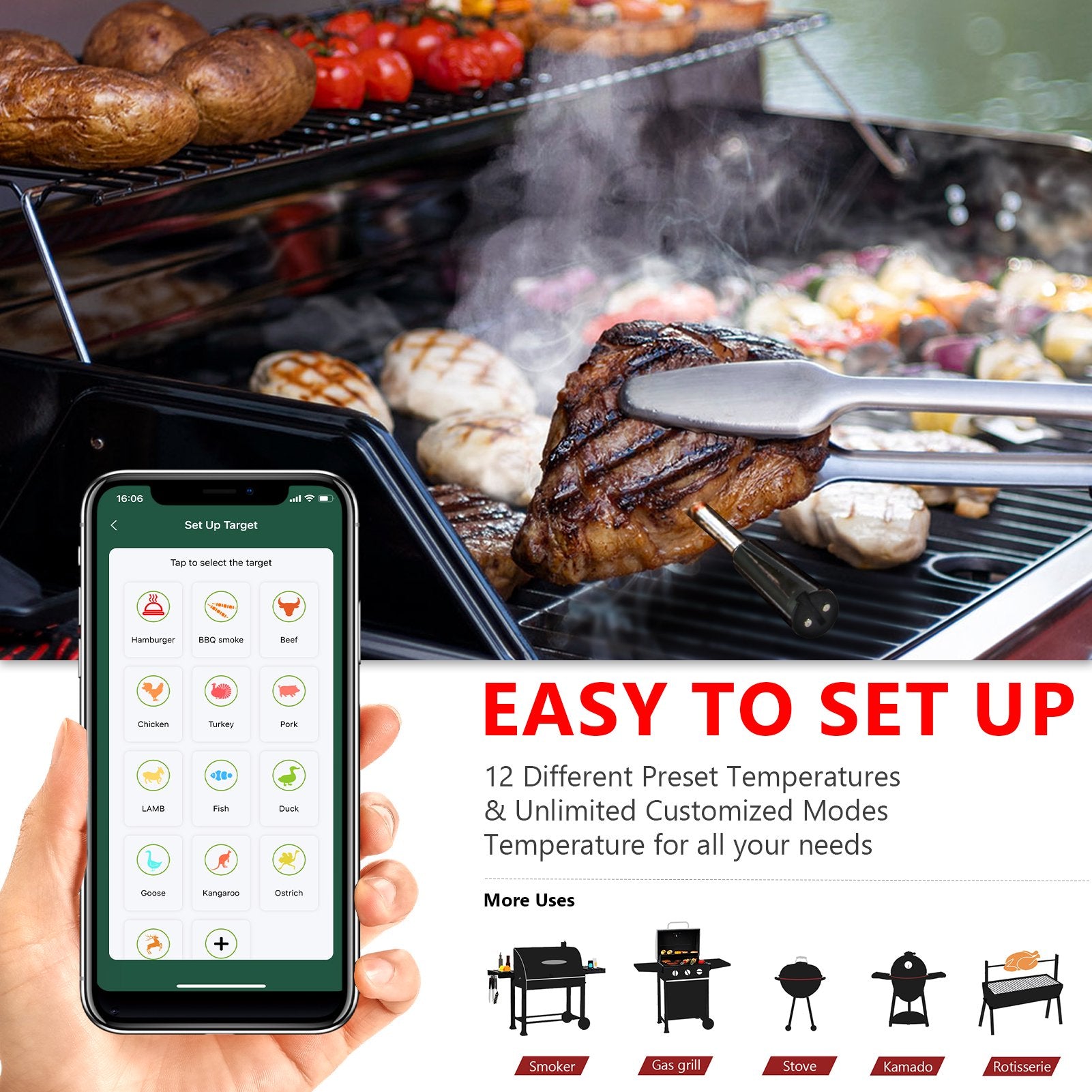 Wireless Meat Thermometer Bluetooth Unlimited Range Thermometer Digital  Meat Thermometer Wireless for Remote Monitoring Kitchen BBQ Oven Smoker  Grill
