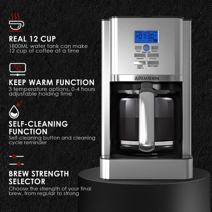 Airmsen Coffee Maker, 12 Cups Programmable Stainless Steel Coffee Machines AIRMSEN
