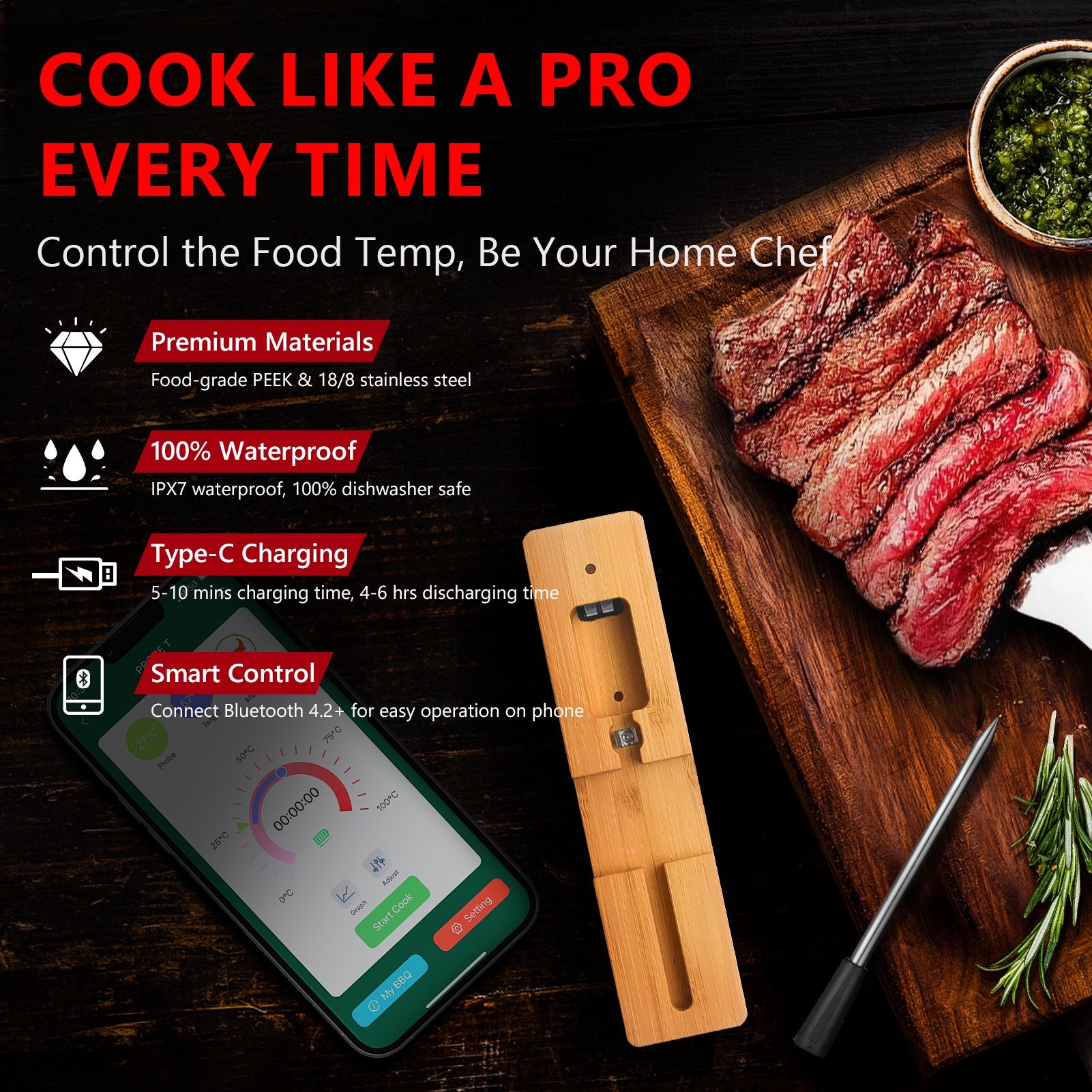Airmsen Thermomètre à viande numérique pour griller et cuisiner, 2