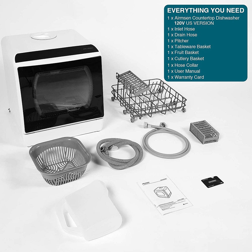 AIRMSEN Lave-Vaisselle Portable de Comptoir avec Réservoir d'Eau Intégré de  5 Litres et Fonction Séchage à l'Air, AE-TDQR03, Blanc/noir 