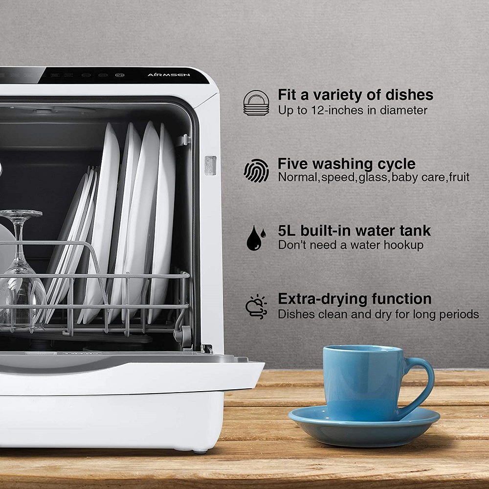 Airmsen Portable Countertop Dishwasher, Compact Mini Dish Washer with 5-Liter Built-In Water Tank and Air-Dry Function
